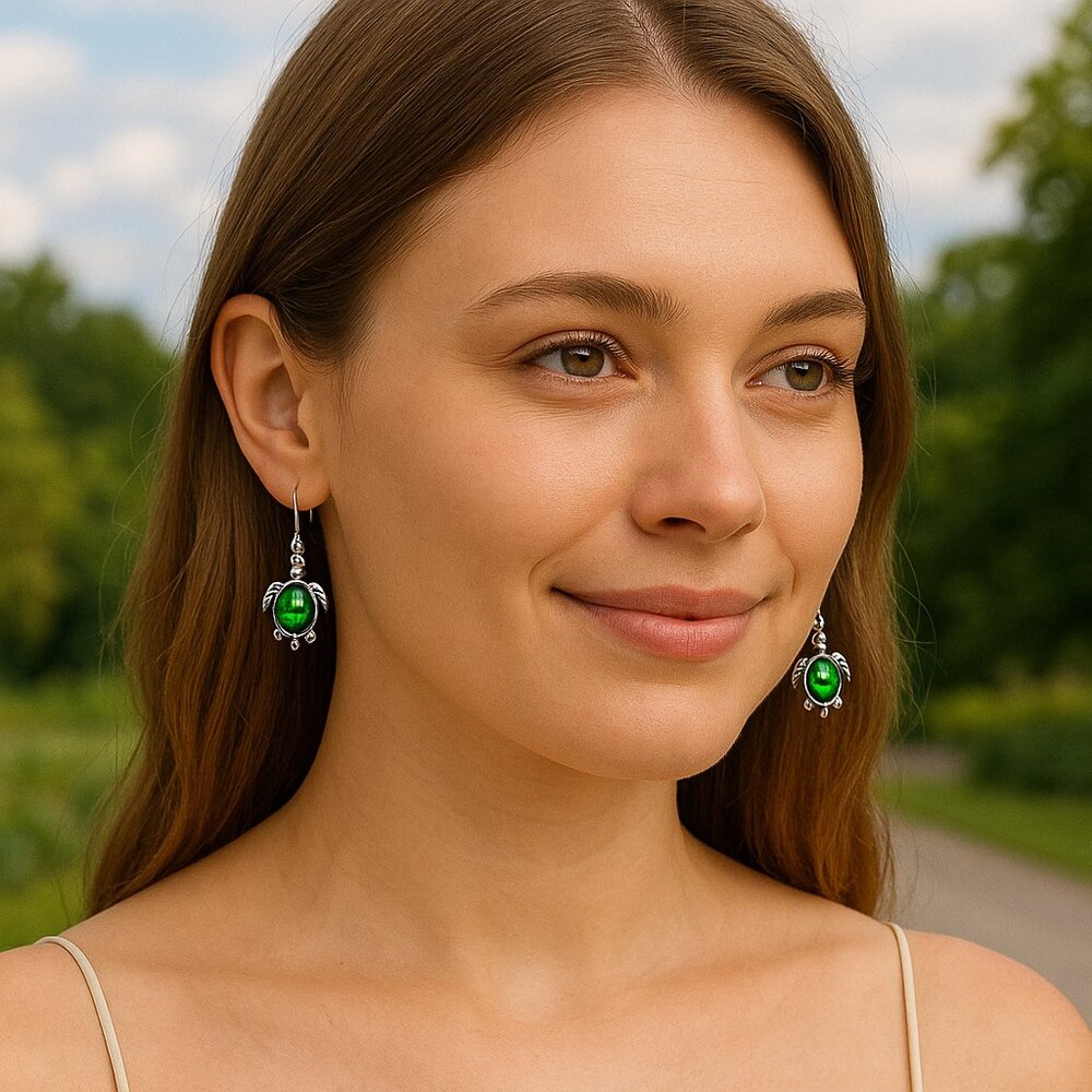 Turtle Earrings -NEW- Green Shell Silver Tone Colorful Dangle Earrings-Adorable
